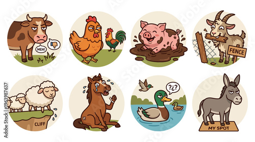 Funny Cartoon Farm Animal Collection with Expressive Personality Illustrations