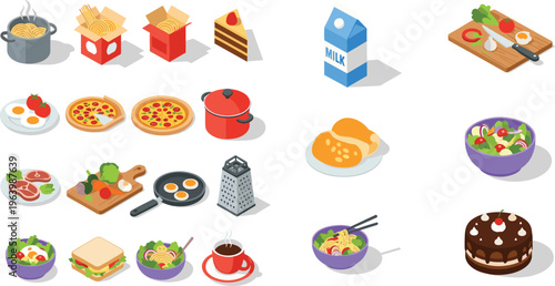 Isometric Food Collection Vector Set with Pizza, Noodles, Milk, Cake, Sandwich, Salad, Eggs, and Cooking Ingredients Isolated on White Background