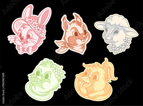 Vintage Cartoon Animal Mascot Set - Cute Bunny, Squirrel, Lamb, Chick, and Duck face.Perfect for mascot logos, apparel design, stationery, and kids' events. Evergreen or seasonal element.