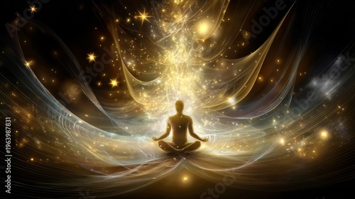 Silhouetted figure meditates in cosmic glow