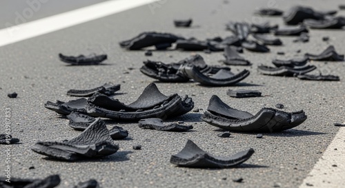 Tire burst debris scattered on road surface with chunks and pieces creating hazards for vehicles. Tire burst debris highlights safety concerns on busy highways and roads.