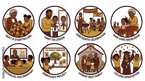 African American Family Heritage and Cultural Tradition Icons Set