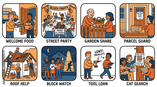 Community Support and Neighborhood Cooperation Illustration Set