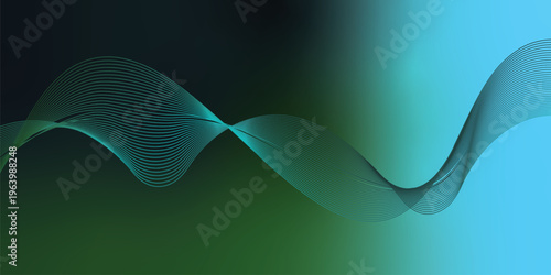 Bright azure, green and black glowing ribbons sweeping upward from a deep shadowed base across a subtle grainy textured backdrop with soft luminous highlights, modern abstract banner design.