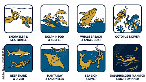 Marine Life and Underwater Adventure Encounters Icon Set Collection