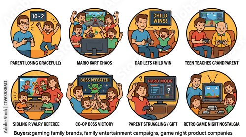 Family Video Game Night and Gaming Lifestyle Illustration Collection