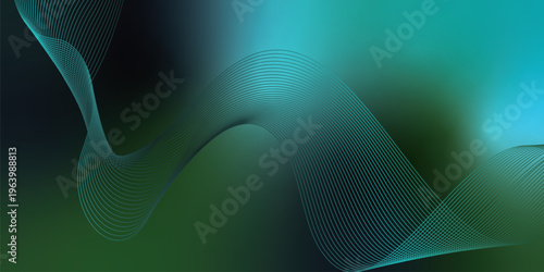 Bright azure, green and black glowing ribbons sweeping upward from a deep shadowed base across a subtle grainy textured backdrop with soft luminous highlights, modern abstract banner design.