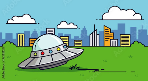 ufo flying saucer cartoon illustration landed in a bright green grassy field with an urban city background ideal for sci-fi themes.