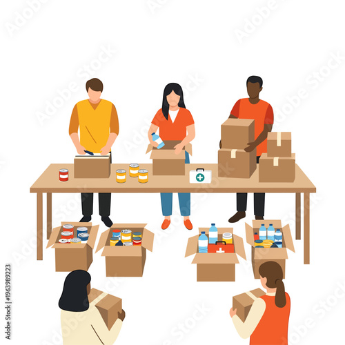 diverse volunteers packing donation boxes with food and supplies at a table for charity and humanitarian aid