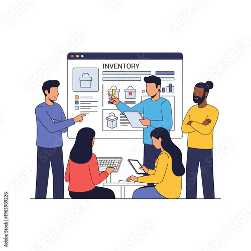 inventory management team collaboration on business strategy utilizing digital inventory software solutions in a modern office.