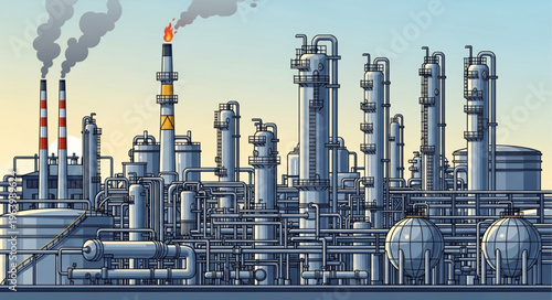 Industrial Complex with Towers and Smoke Stacks Illustration.