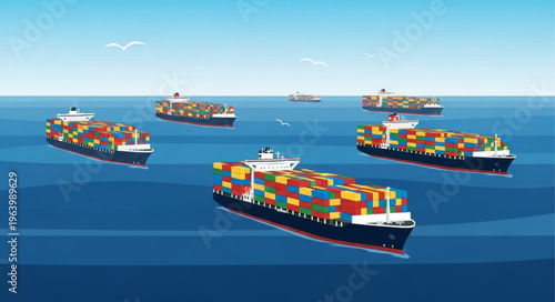 Cargo Ships Transporting Containers Across the Ocean.