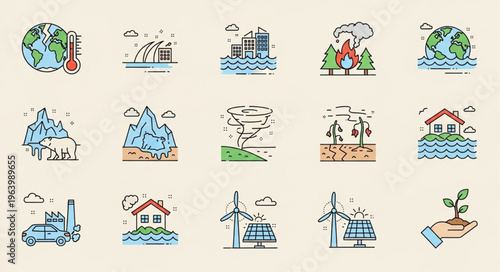 Climate Change and Environmental Issues Illustrated with Icon Set.