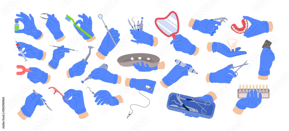 Φωτογραφία Set of dentist tools in hands set collection
