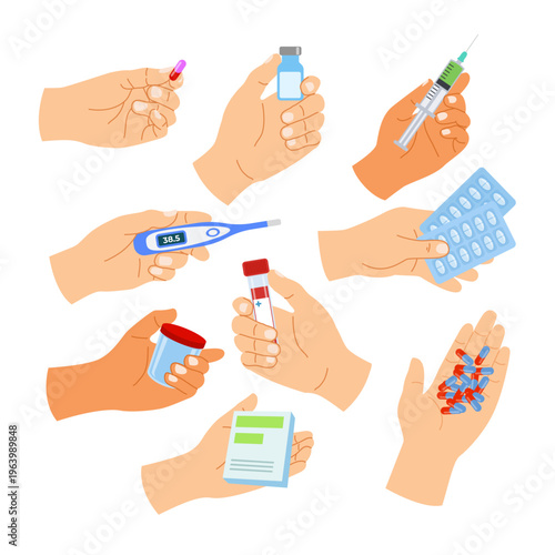 Set of hands hold medications set collection. Hand giving pills, painkiller box capsule, prescription paper, bottle, syringe, test tube, thermometer, urine sample container. Hand gesture illustration.