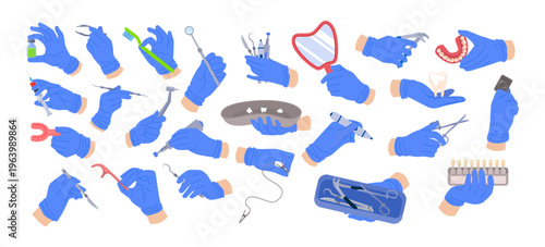 Set of dentist tools in hands set collection. dentist hand holding tools. Stomatologist hand surgery sterile glove holding dental equipment anesthesia. Therapeutic tool equipment. Vector illustration.