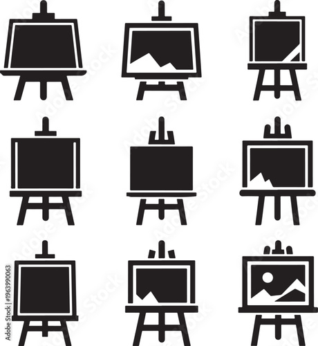 Set of minimalist easel icons with blank canvases