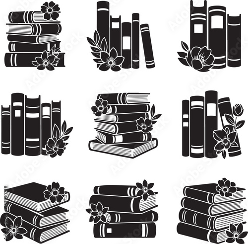 Elegant Black and White Stacked Books Vector Illustration with Floral Decor