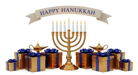 Happy hanukkah celebration with gifts and menorah