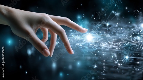 Hand reaches toward glowing digital network in cosmic space