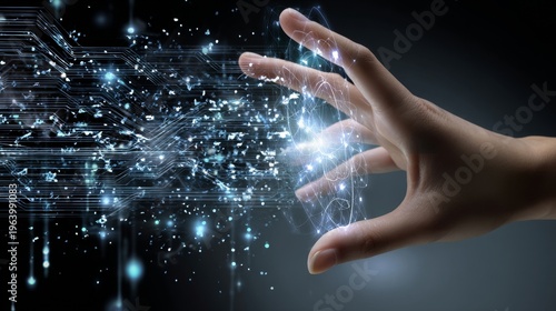 Hand reaches toward glowing digital network