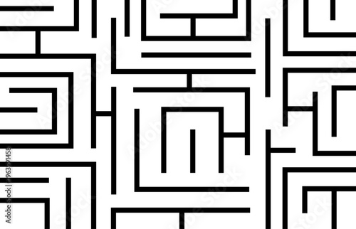 ゲームでやるような白黒でシンプルな線で迷路の地図をイメージしてデザインした幾何学的な柄の模様にも見えるイラストの背景、壁紙、グラフィックの素材