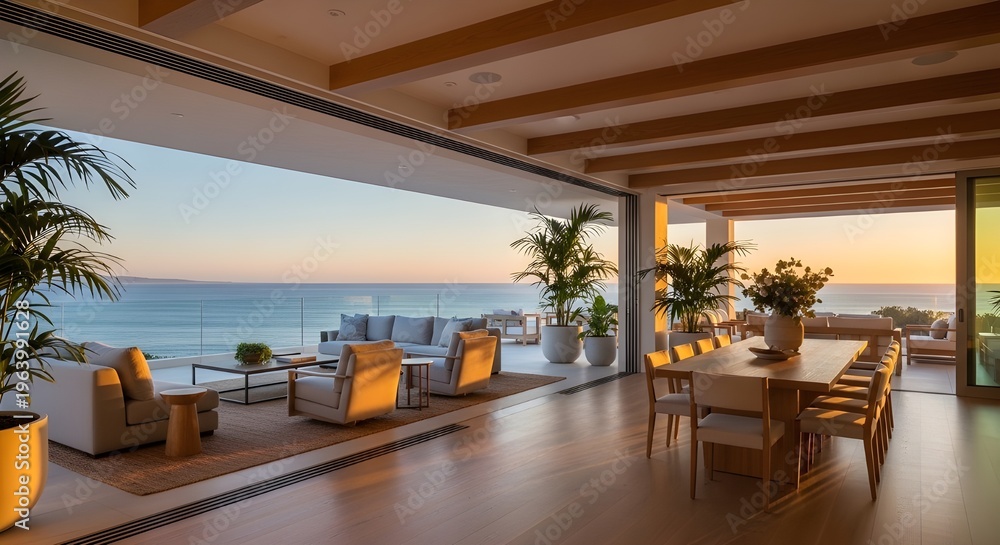 Fototapeta premium Modern, luxury home showcase living room open to ocean view