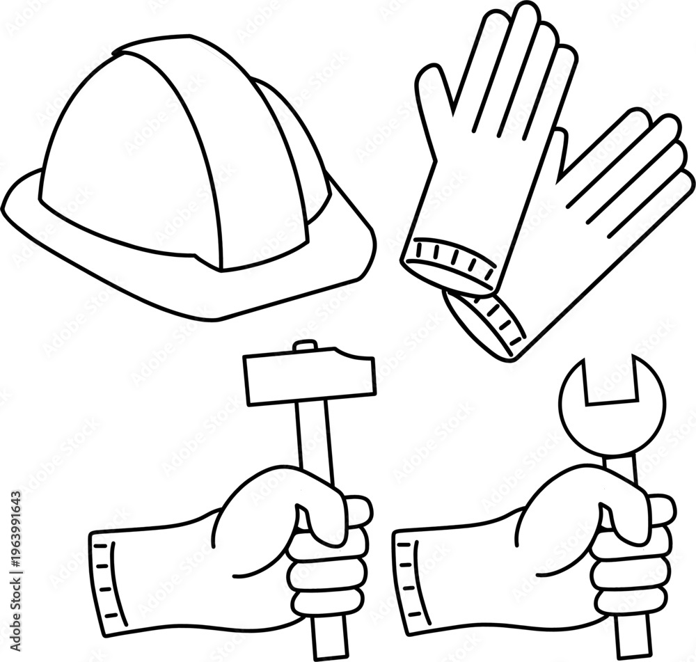 Fototapeta premium Construction Safety Equipment and Hand Tools Vector Line Art Set - Hard Hat, Gloves, Hammer, and Wrench Illustration