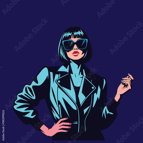 a woman in a blue jacket and sunglasses isolated on white background, Vector