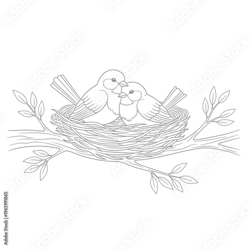 Two adorable birds nesting on a branch, a heartwarming scene of nature's gentle embrace and domesticity, symbolising love and new beginnings