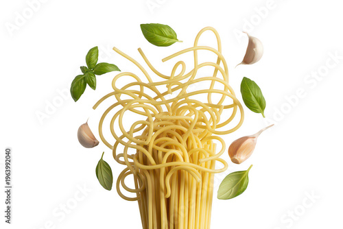 Spaghetti with garlic and basil isolated on a transparent background
