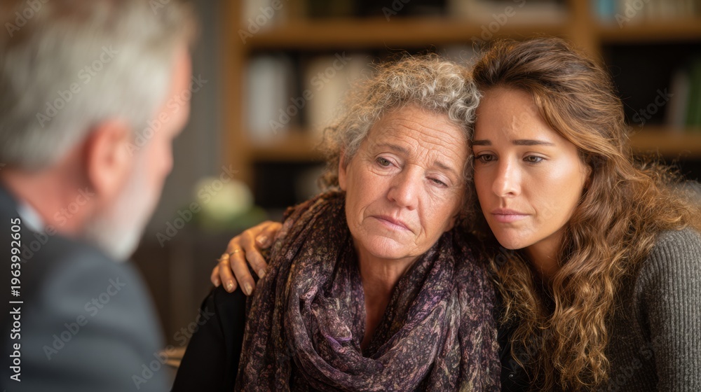 Fototapeta premium Grieving Family Member Meets Estate Attorney to Discuss Inherited Assets and Probate Documents in a Warm Office Setting