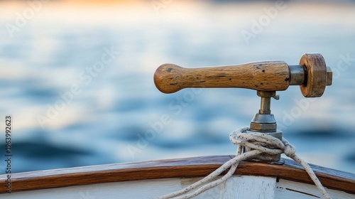 tiller. A worn wooden tiller connected to a ship's rudder on a small sailboat. mobility guides, transit brochures, designed for transport & logistics marketing, used by policy analysts.