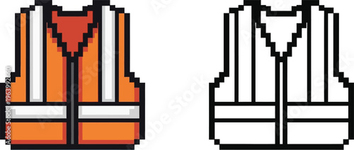 Pixel art illustration of a safety harness or pet harness, shown in both color and black and white outline.