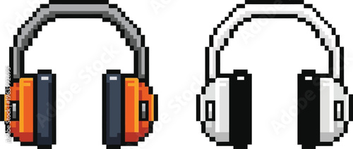 Pixel art illustration of two pairs of headphones, one orange and dark grey, the other white and black, on a white background.