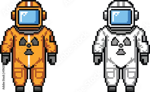 Pixel art illustration of two characters in full-body hazmat suits, one orange and one white, both featuring a prominent radiation symbol on the chest.