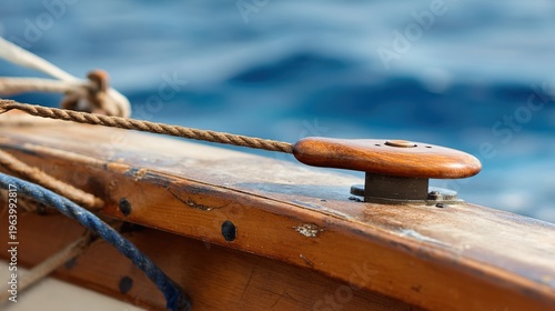 tiller. A worn wooden tiller connected to a ship's rudder on a small sailboat. mobility guides, transit brochures, designed for transport & logistics marketing, used by policy analysts.