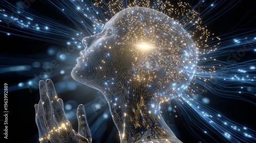 Human head and hands glow with cosmic energy