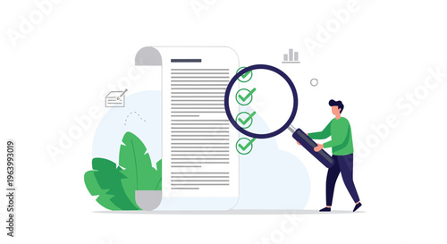Detailed document review and quality assurance illustration showing a man with a large magnifying glass checking a list.