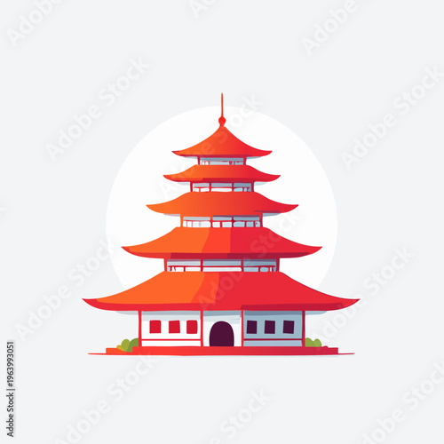 Traditional Japanese Pagoda Architecture with Red Roofs and White Walls.