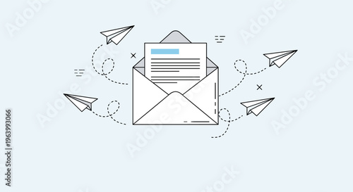 Email marketing campaign and digital communication concept with an open envelope and several flying paper airplanes.