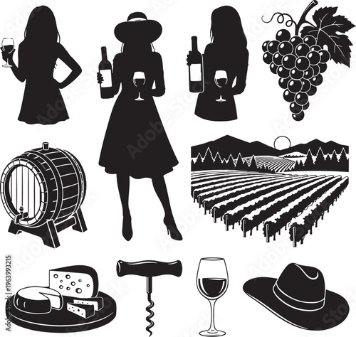 Elegant Wine and Vineyard Vector Set with Sommelier and Harvest Elements