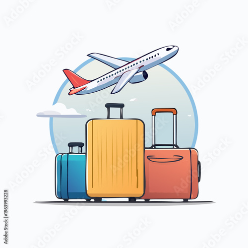 Travel luggage and airplane taking off for vacation.