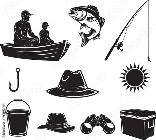 Flat Design Fishing Adventure with Boat, Salmon, and Gear Illustration