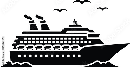 A large cruise ship sailing on the ocean with birds flying overhead