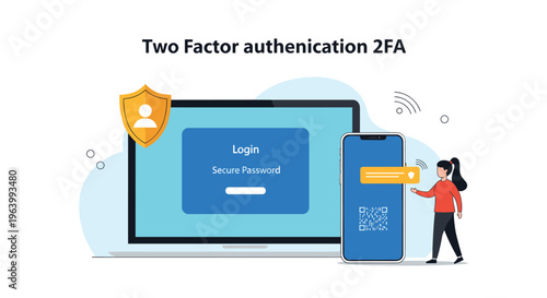 Two factor authentication and security login concept with a laptop computer and a mobile phone showing a QR code.