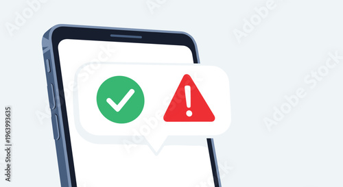 Mobile security and notification alert concept showing a smartphone with a green checkmark and a red warning triangle.