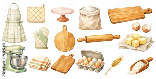 Watercolor baking essentials collection illustration, kitchen utensils and ingredients isolated on white background.