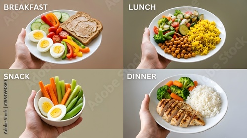 A collage of four plates of healthy food for breakfast, lunch, snack, and dinner.