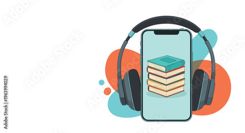 Audiobook and digital learning concept showing a smartphone with a stack of books on the screen and large headphones.